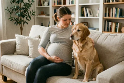 Femme enceinte caressant un golden retriever sur un canapé dans un salon cosy, illustrant les précautions avec les animaux domestiques pendant la grossesse
