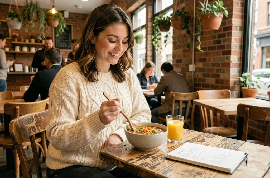 Femme enceinte savourant une soupe de lentilles nutritive dans un café chaleureux