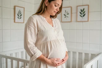 Femme enceinte au troisième trimestre tenant son ventre arrondi dans une chambre de bébé minimaliste