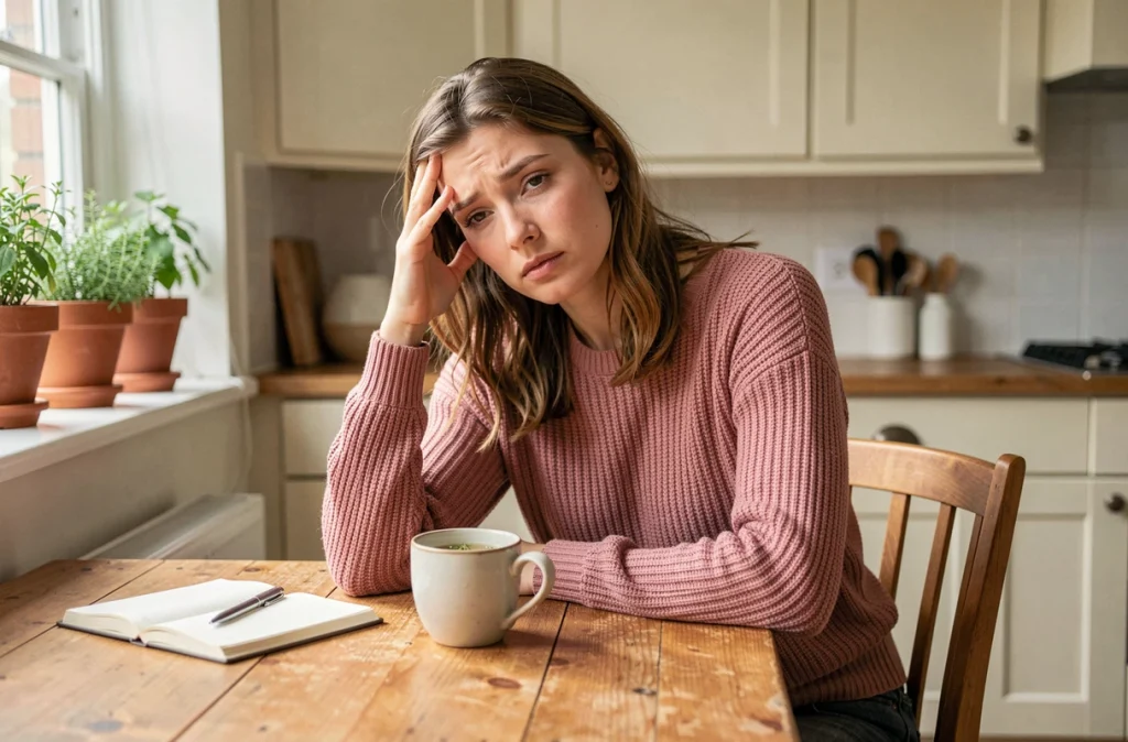 Femme fatiguée assise à une table de cuisine avec une tasse de tisane et un journal, illustrant la fatigue comme signe précoce de grossesse