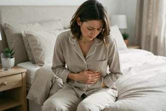 Femme adulte assise sur son lit avec une expression d'inconfort abdominal, illustrant les symptômes des infections urinaires récidivantes