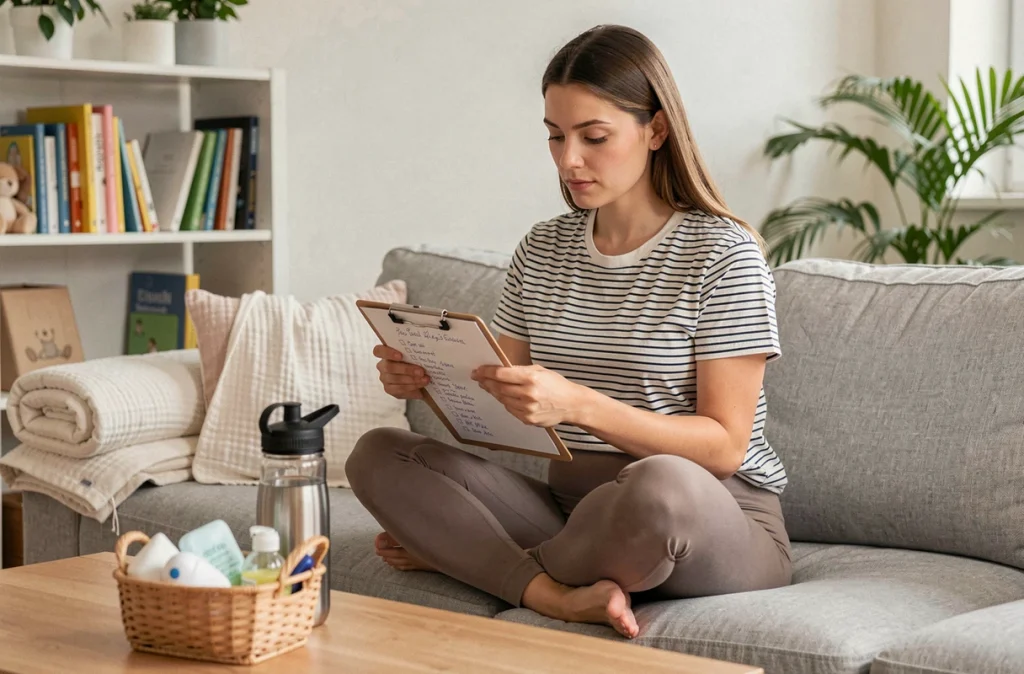 Femme en post-partum préparant son retour à domicile après l'accouchement avec une checklist et des essentiels pour bébé