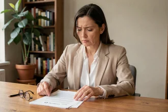 Femme consultant des documents administratifs liés à un refus d'indemnisation après arrêt de travail