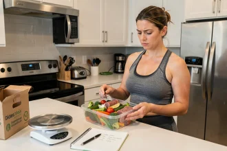 Femme examinant un repas de régime livré à domicile dans une cuisine moderne, avec un regard critique et des outils de suivi nutritionnel sur le comptoir