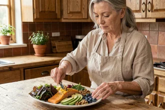 Femme d'âge mûr préparant un repas anti-inflammatoire riche en oméga-3 et antioxydants dans une cuisine rustique