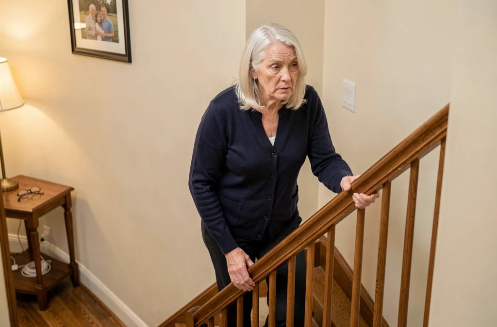 Femme âgée de plus de 60 ans descendant prudemment un escalier chez elle en s'appuyant sur la rampe, illustrant les risques de chute liés à l'ostéoporose