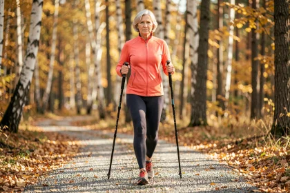 Femme senior pratiquant la marche nordique en forêt en automne avec des bâtons de marche