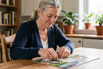 Femme senior jouant à un puzzle en bois à la maison pour stimuler sa mémoire au quotidien