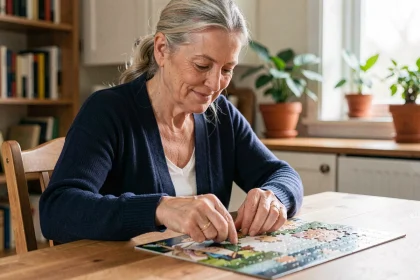 Femme senior jouant à un puzzle en bois à la maison pour stimuler sa mémoire au quotidien