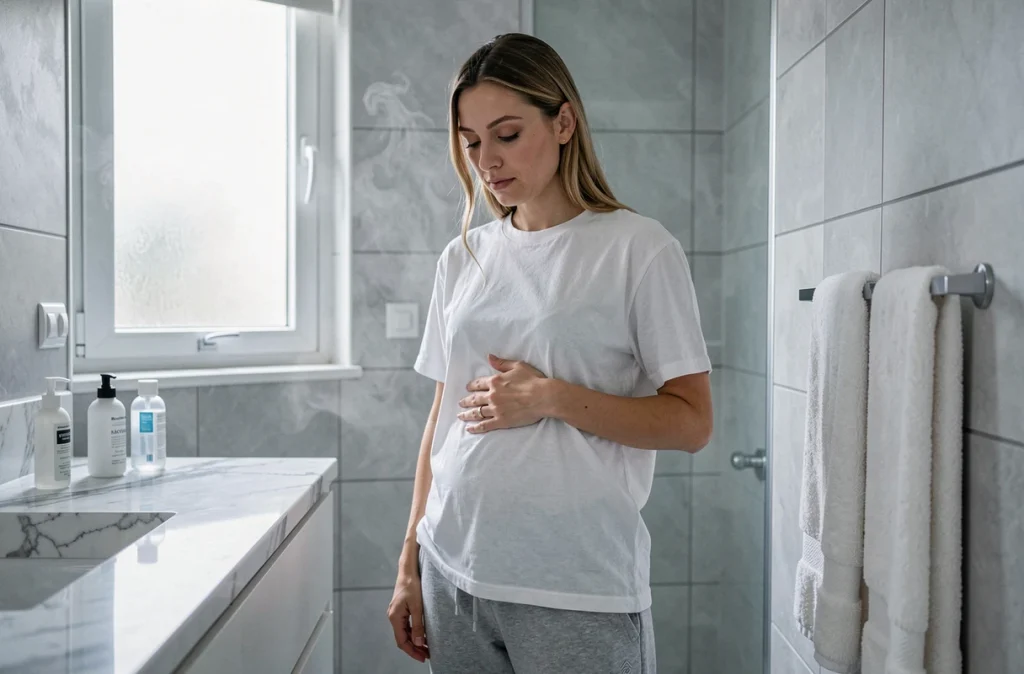 Femme en tenue décontractée dans une salle de bain moderne, main posée sur l'abdomen, ressentant les premiers signes de grossesse