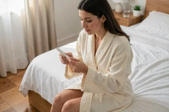 Jeune femme tenant un test de grossesse positif assise sur un lit aux draps blancs, expression contemplative et douce