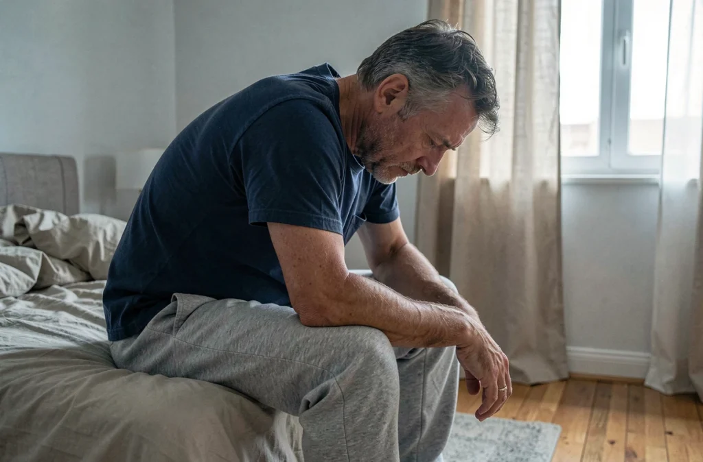 Homme fatigué assis au bord de son lit le matin après une nuit sans sommeil à cause de la fibromyalgie