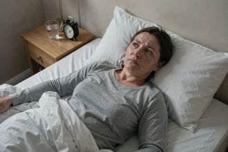 Femme d'une quarantaine d'années allongée dans son lit, les yeux ouverts la nuit, souffrant d'insomnie liée à la fibromyalgie