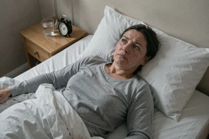 Femme d'une quarantaine d'années allongée dans son lit, les yeux ouverts la nuit, souffrant d'insomnie liée à la fibromyalgie