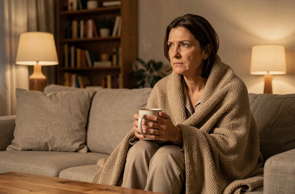 Femme insomniaque enveloppée dans un plaid dans son salon la nuit, tenant une tasse chaude, épuisée par la fibromyalgie