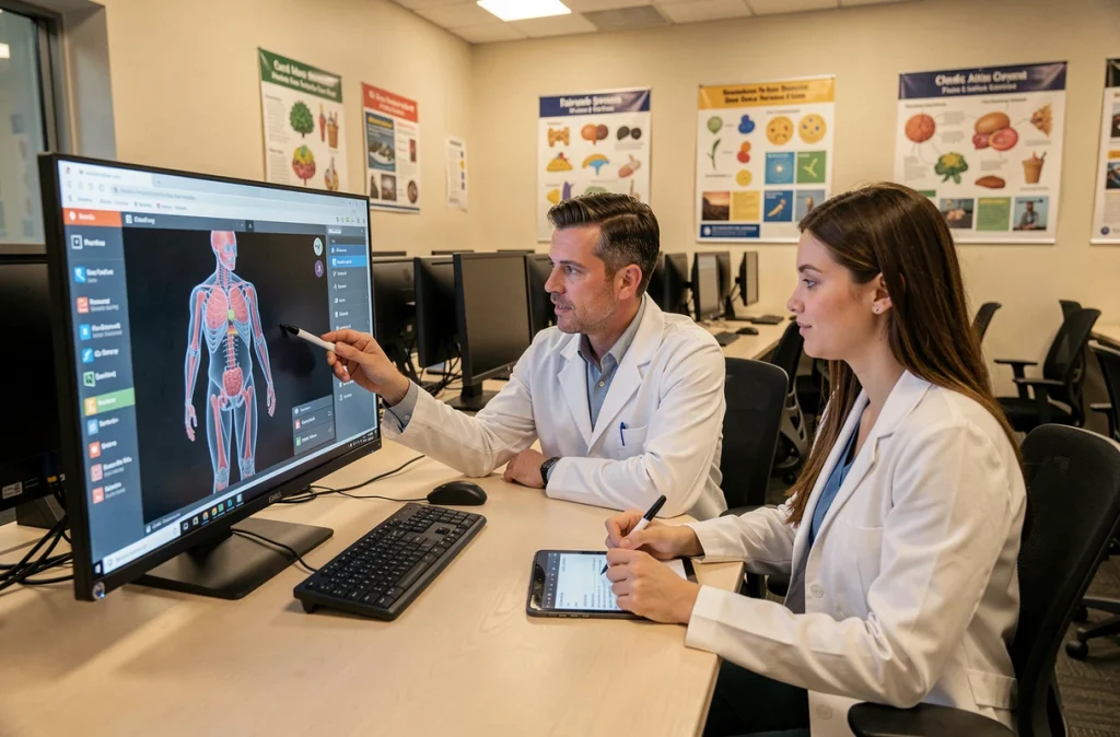 Formateur infirmier et étudiant analysant un logiciel de réalité virtuelle médicale sur un écran d'ordinateur dans une salle de formation numérique