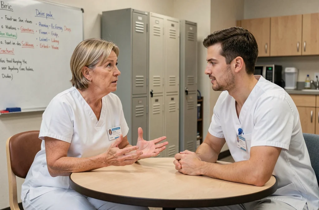 Deux aides-soignants en salle de pause discutant de la communication non verbale lors d'une session de formation professionnelle dans un hôpital