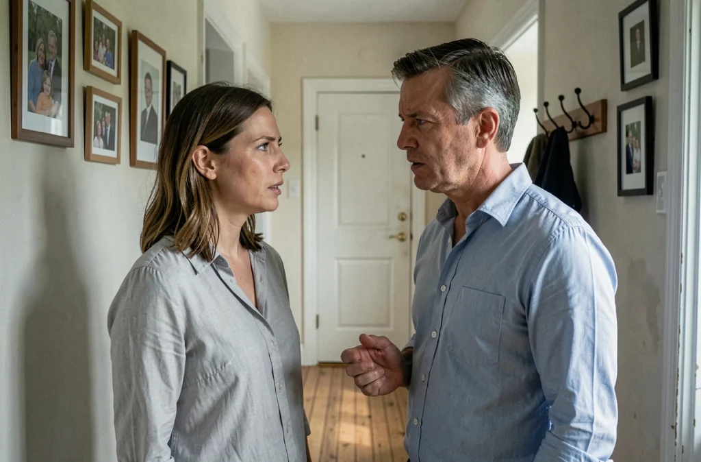 Deux adultes en conversation discrète dans un couloir familial, exprimant tension et solidarité face aux défis de l'anosognosie d'un proche souffrant de troubles psychiatriques