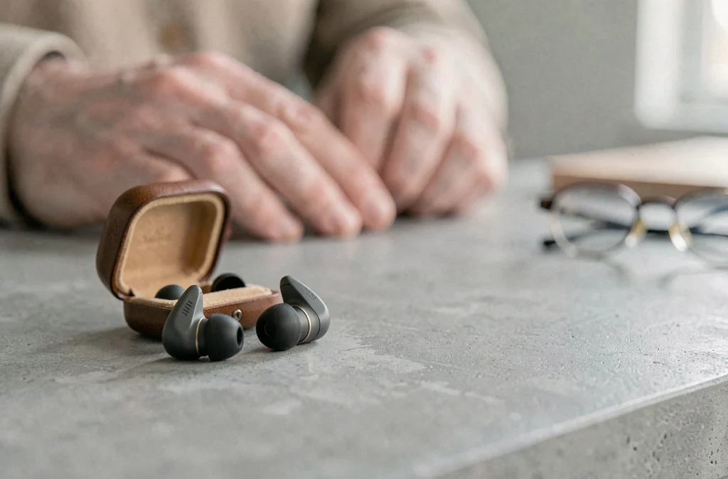 Gros plan sur des aides auditives modernes posées sur une surface en béton, solutions technologiques contre la perte auditive liée à l'âge