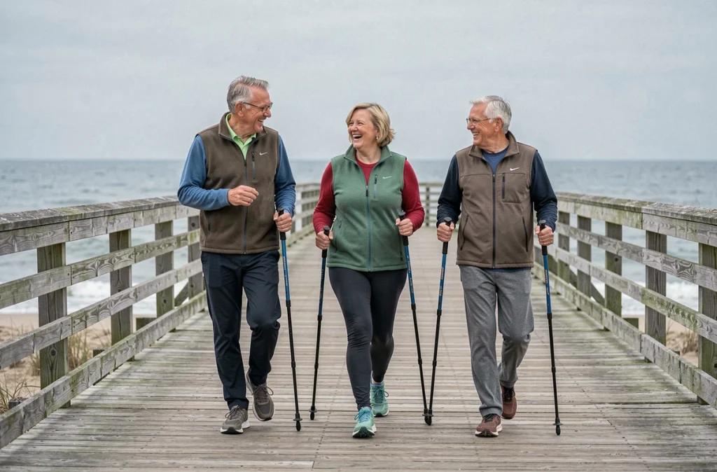 Groupe de seniors pratiquant la marche nordique ensemble sur un front de mer en bord de côte