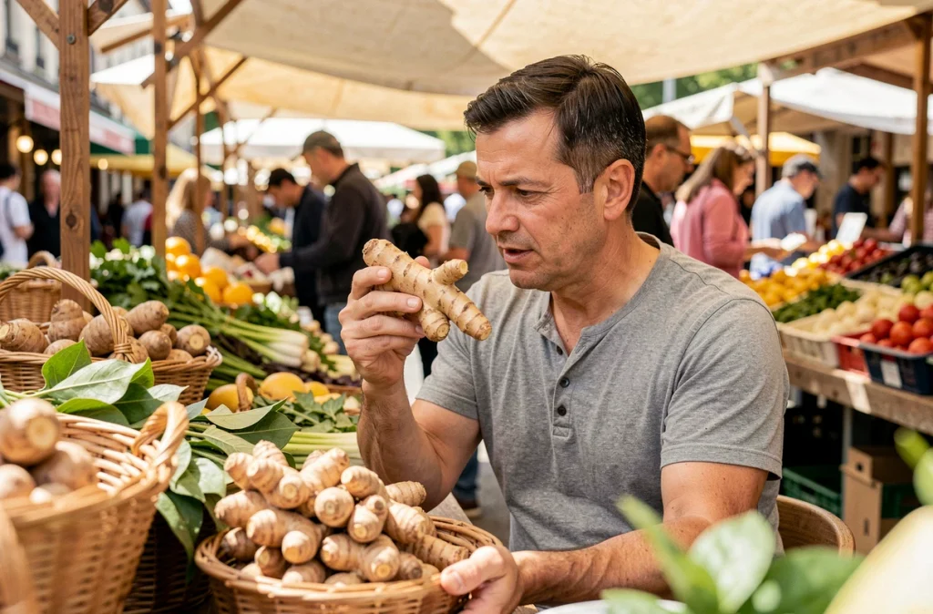 Homme inspectant des racines de curcuma et du gingembre frais sur un marché en plein air pour une alimentation anti-inflammatoire