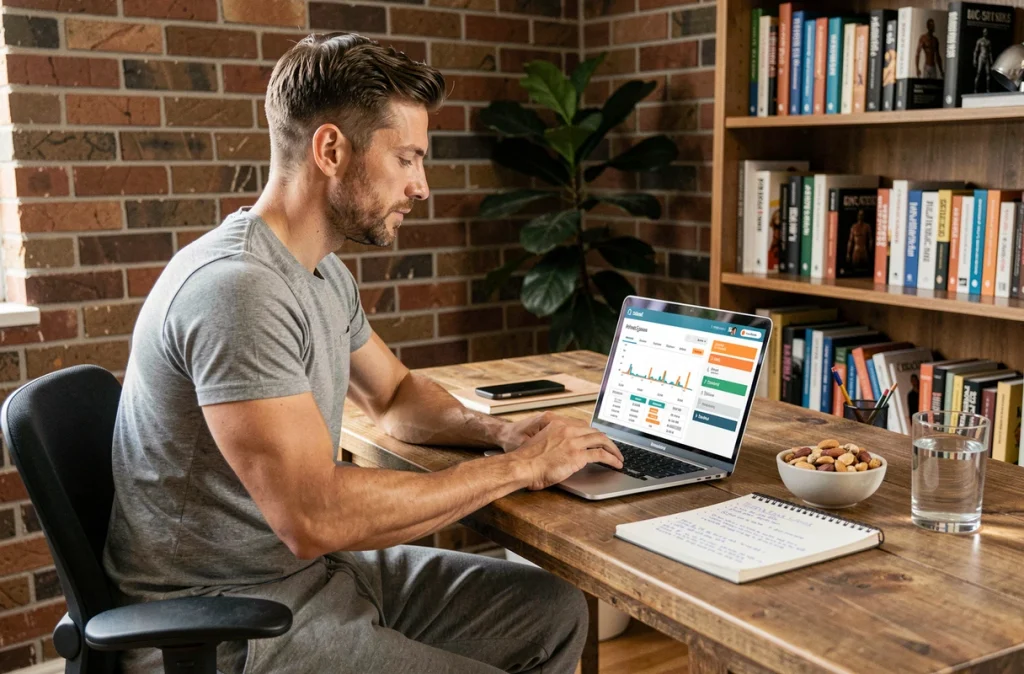 Homme musclé analysant un tableau de bord nutritionnel sur ordinateur pour optimiser la sèche musculaire à domicile