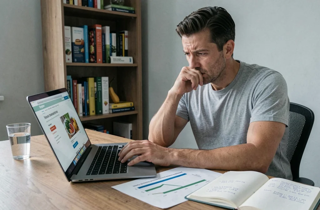 Homme en train de lire des avis sur une box régime en ligne avec un tableau de suivi de perte de poids imprimé posé sur son bureau à domicile