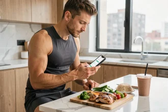 Homme sportif consultant une application de suivi nutritionnel NutriFitness sur son smartphone devant un repas équilibré de préparation musculaire en cuisine