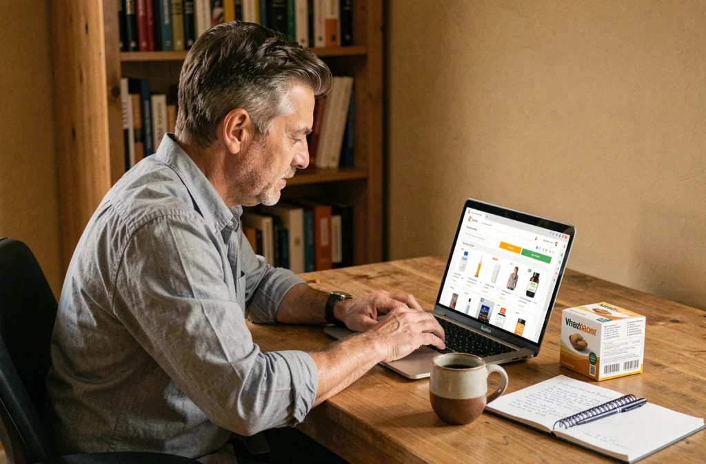 Homme d'une quarantaine d'années comparant des offres en ligne pour acheter Indiva System sur Amazon ou le site officiel depuis son bureau à domicile