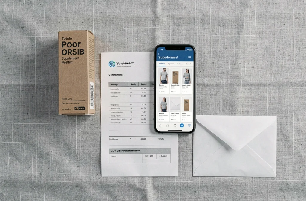 Vue aérienne d'une boîte de complément alimentaire, d'un smartphone affichant une boutique en ligne et d'une confirmation de commande, comparaison des canaux d'achat pour Indiva System