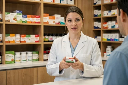 Pharmacienne en blouse blanche tenant une boîte de complément alimentaire au comptoir d'une pharmacie, illustrant la vente en pharmacie d'Indiva System