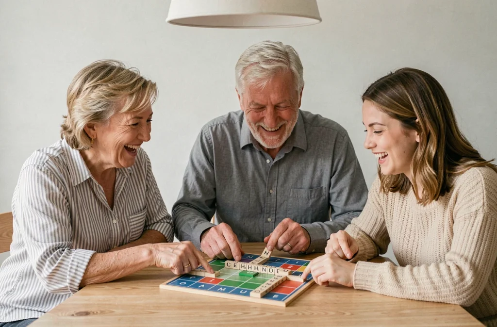 Famille intergénérationnelle jouant à un jeu de lettres en famille pour stimuler la mémoire et le langage