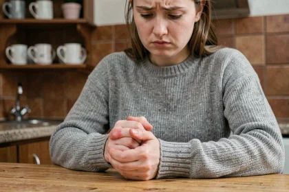 Jeune femme adulte souffrant de douleurs articulaires aux mains liées à la polyarthrite rhumatoïde dans son appartement