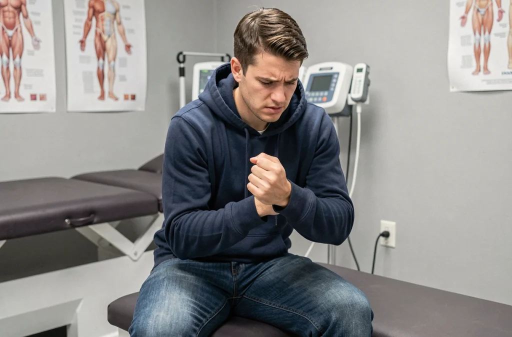 Jeune homme en séance de kinésithérapie pour traiter la polyarthrite rhumatoïde au poignet dans une clinique de rééducation