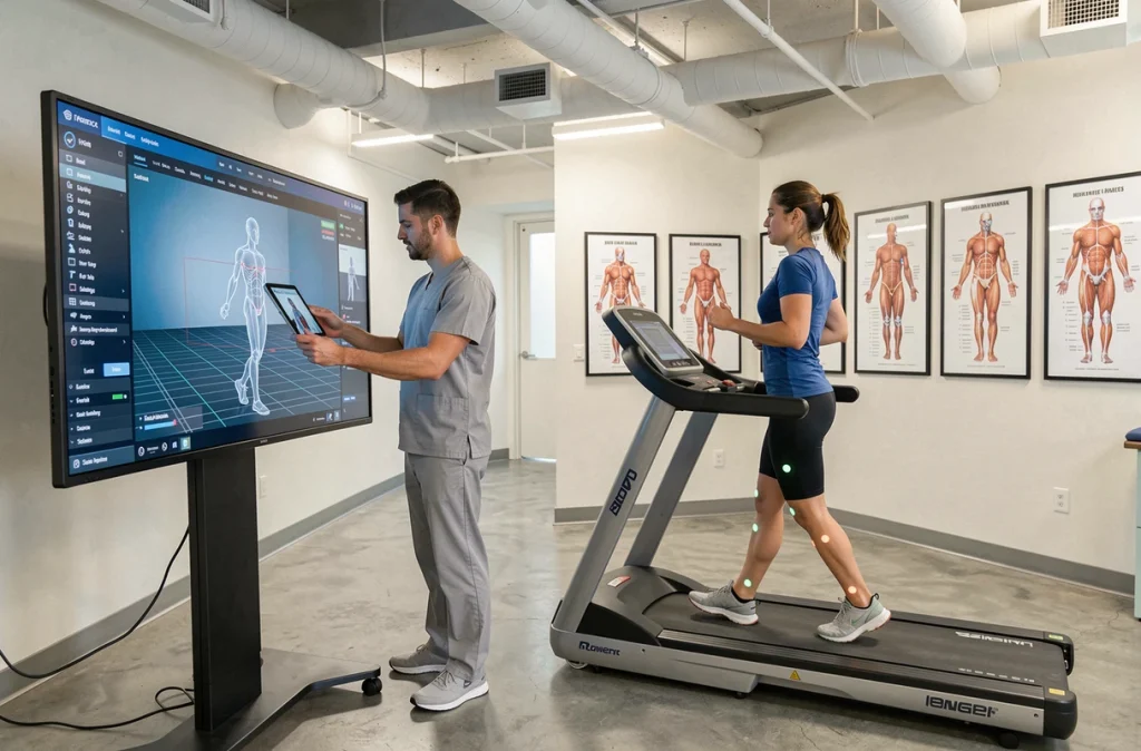 Kinésithérapeute analysant des données de capture de mouvement en temps réel sur une tablette pendant qu'une patiente effectue des exercices de marche avec capteurs articulaires