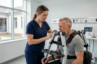 Kinésithérapeute guidant un patient portant un exosquelette robotique lors d'une séance de rééducation dans un centre de réadaptation moderne
