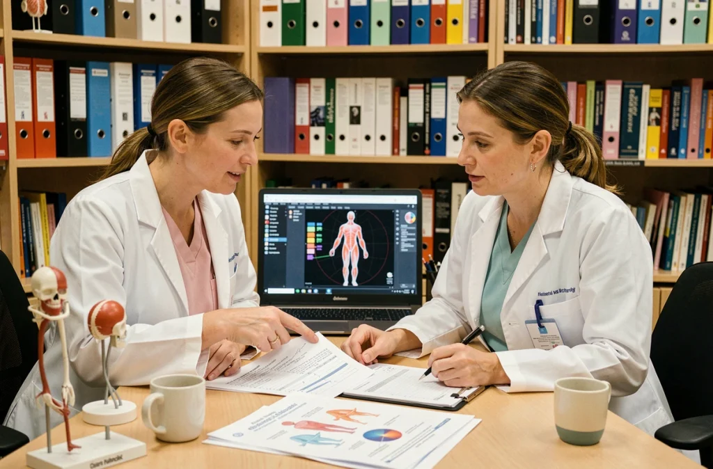 Deux kinésithérapeutes collaborant autour d'un logiciel de cartographie musculaire 3D et de protocoles de rééducation innovants dans un bureau de clinique sportive