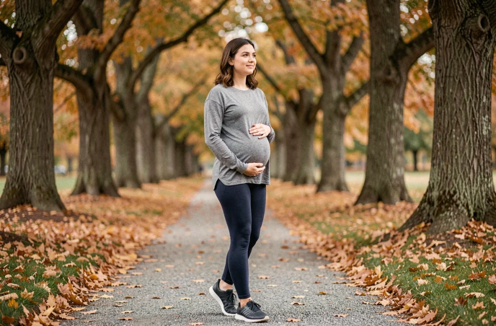 Femme enceinte marchant dans un parc en automne sur un chemin bordé d'arbres aux feuilles dorées