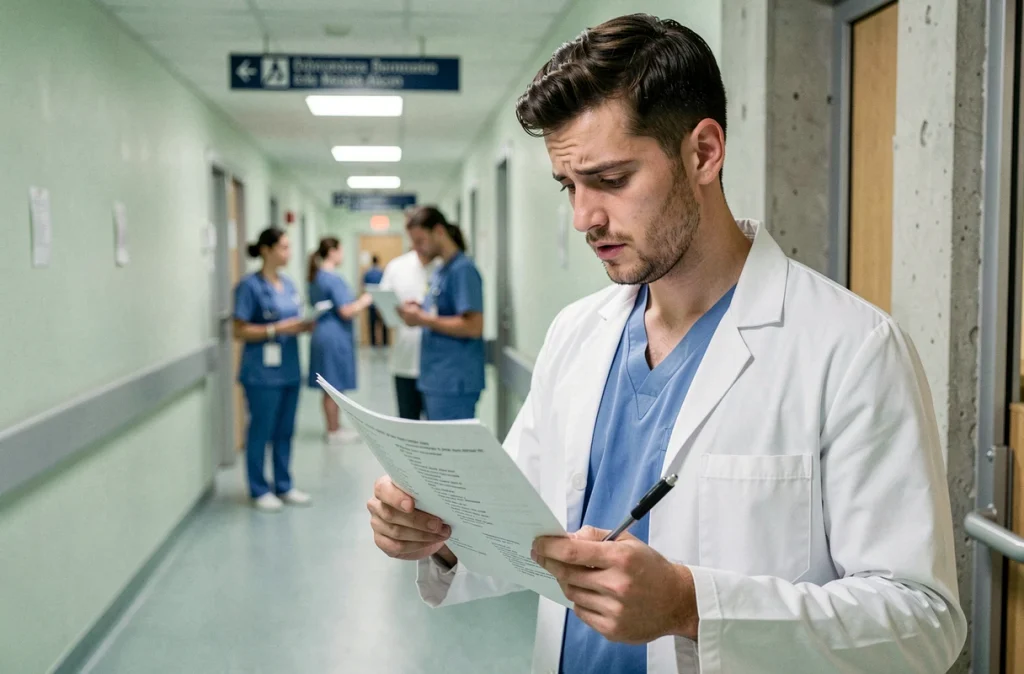 Médecin généraliste analysant un rapport médical sur une maladie rare dans un couloir d'hôpital