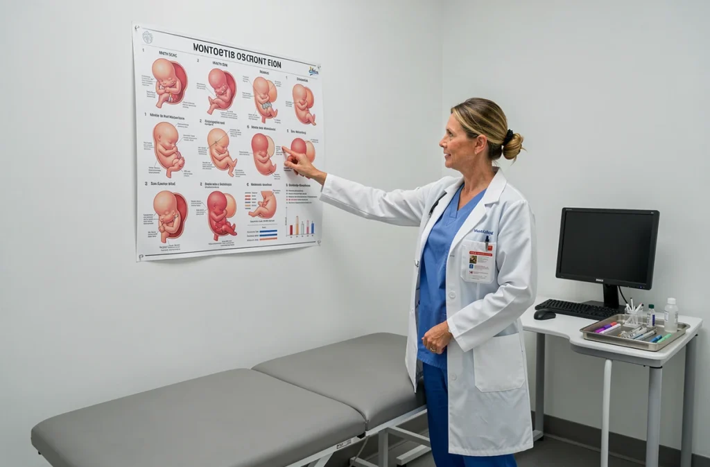 Médecin obstétricienne expliquant le développement fœtal mois par mois sur une affiche médicale dans une salle de consultation