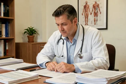 Médecin généraliste consultant un dossier médical complexe de maladie rare dans son cabinet