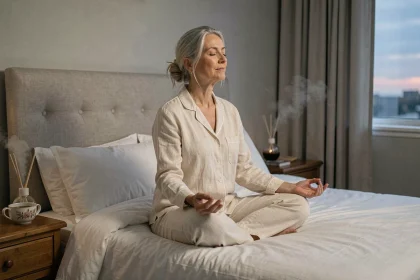 Femme de 60 ans pratiquant la méditation assise sur son lit avant de dormir, dans une chambre apaisante aux tons neutres