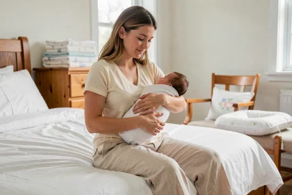Jeune mère tenant son nouveau-né dans ses bras assise sur son lit lors du retour à la maison après l'accouchement