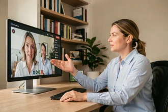 Orthophoniste en téléconsultation vidéo depuis son bureau à domicile, conduisant une séance de télésoin avec un patient à distance