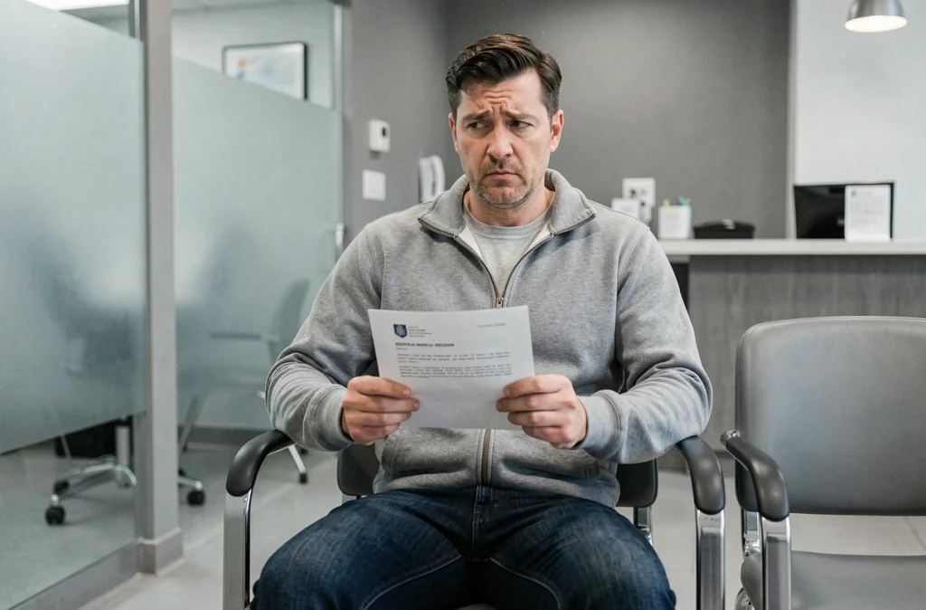 Homme tenant une lettre de refus d'indemnisation dans la salle d'attente d'un cabinet dentaire