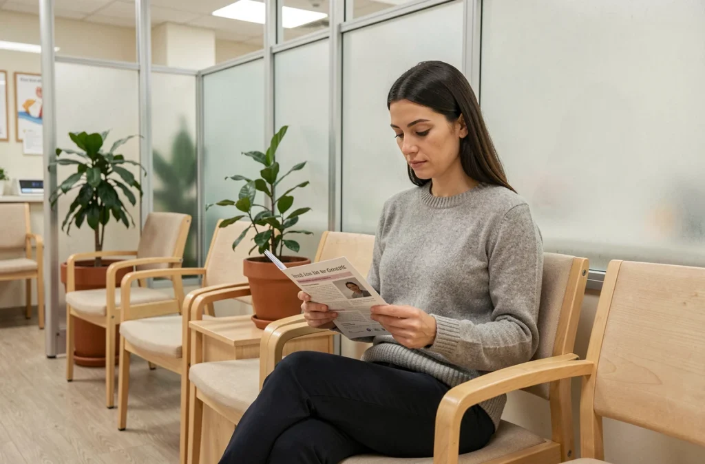 Femme lisant une brochure médicale dans une salle d'attente de clinique spécialisée en chirurgie esthétique intime