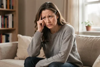Femme tenant sa tempe, illustrant les premiers symptômes neurologiques de la sclérose en plaques