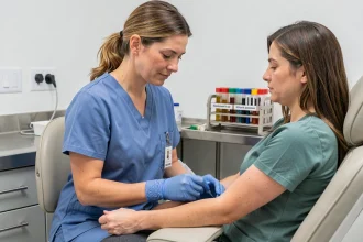 Infirmière réalisant une prise de sang sur une femme dans un laboratoire médical moderne
