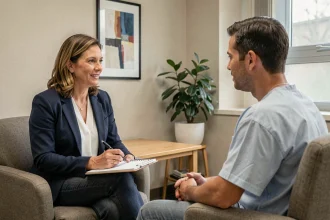 Psychologue hospitalière en consultation avec un patient dans un cabinet médical aménagé, illustrant les nouvelles missions des psychologues en milieu hospitalier