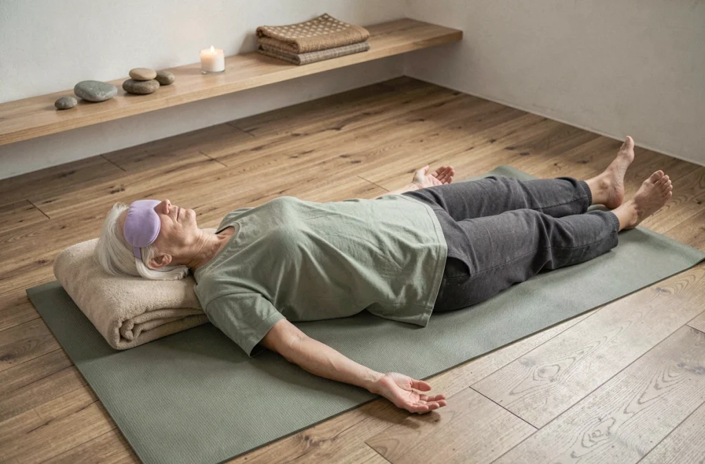Femme âgée allongée en posture de relaxation guidée sur un tapis de yoga pour améliorer la qualité du sommeil après 60 ans